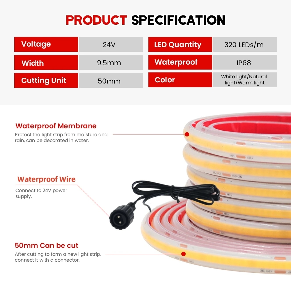 24V COB Strip IP68 Waterproof  - Outdoor Power Strip Weatherproof review and price
